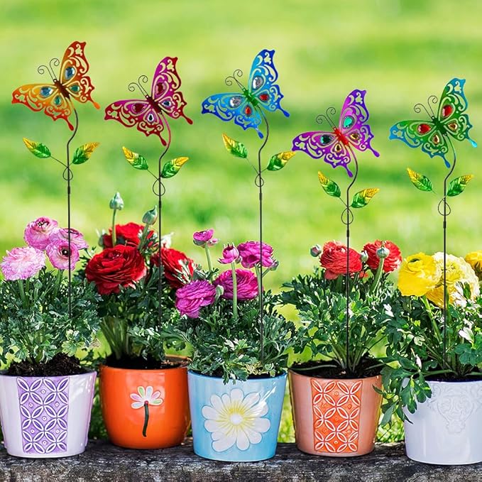 Butterfly Garden Decor for Outside,Colourful Butterfly Decorations Garden Kit 5 Pcs with Gems,Metal Yard Art Outdoor Garden Stakes Decorative Patio Home Decor