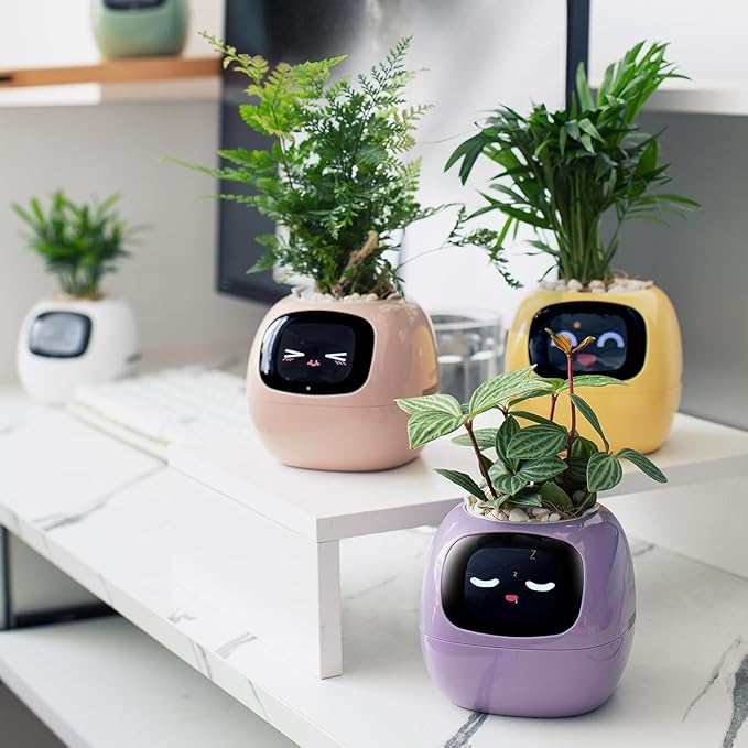 Ivy Intelligent Flower Pot for Home Decoration Plants Companion Neat Desk Setup Gift Smart Pet Planter Robot Guidance on Plant Care with Emojis Pet Friends (Pink)