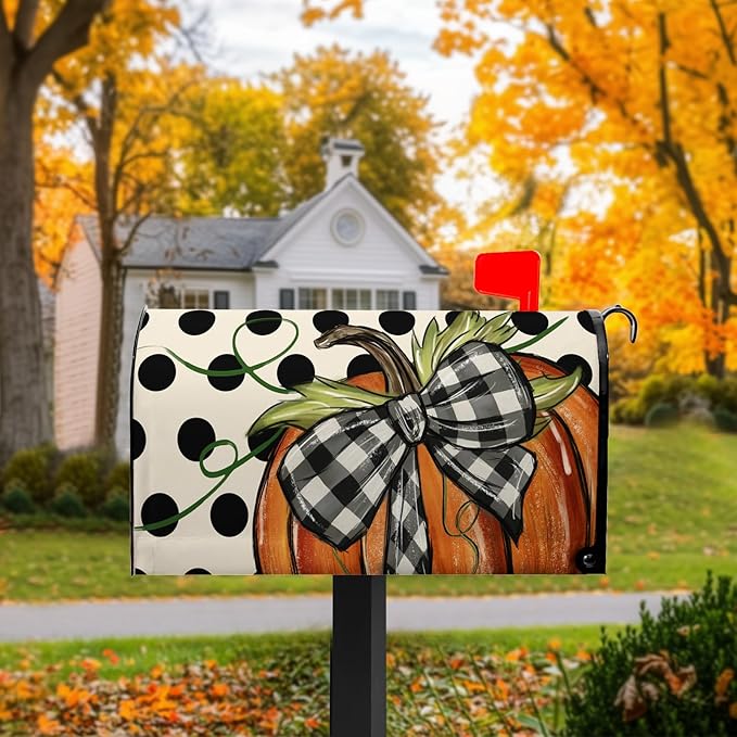 Fall Mailbox Covers Magnetic Pumpkin Mail Box Cover Standard Size 21x18 inch Autumn Polka Dot Mailbox Wrap Bowknot Buffalo Plaid Decorative Mailboxes for Outside Garden Yard