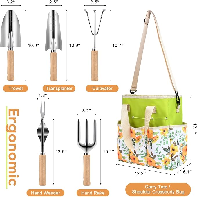 Gardening Tools Set, Gardening Gifts for Men Fathers Day, Heavy Duty Garden Hand Tools with Crossbody Garden Tote Bag, Rust-Proof Garden Tools for Yard Work Planting