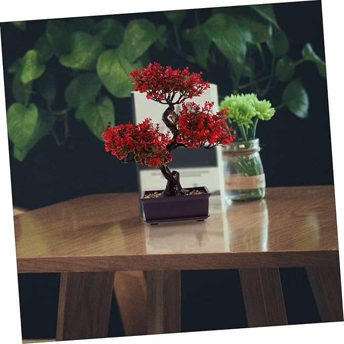 Cabilock Artificial Bonsai Tree, Fake Potted Bonsai Plants Decoration, Desktop Realistic Welcoming Pine Ornament for Home Office Entryway Chests Decor, Red
