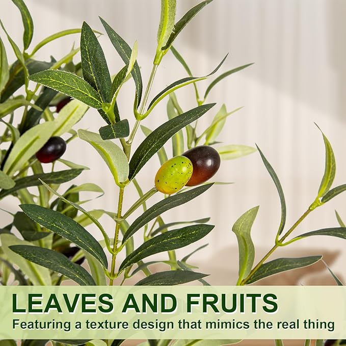 Olive Trees Artificial Indoor, 5 ft Faux Olive Tree with White Planter, Artificial Plants with Natural Wood Trunk and Lifelike Fruits for Home Office Decor