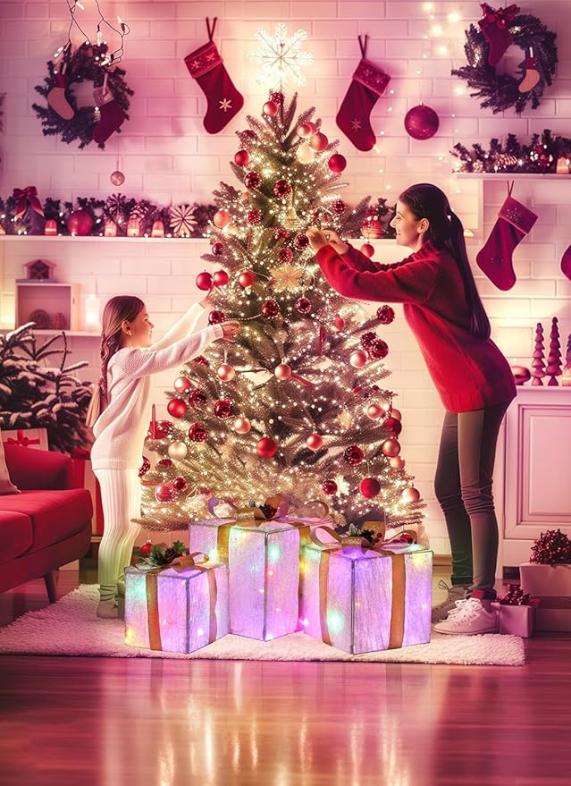 Set of 3 Christmas Decorations Lighted Gift Boxes with Bows，12" 10" 8" with 60 Pre-Lit Mini String Lights，Foldable LED Xmas Present Boxes for Tree Indoor Outdoor Holiday Party Yard Home Decor