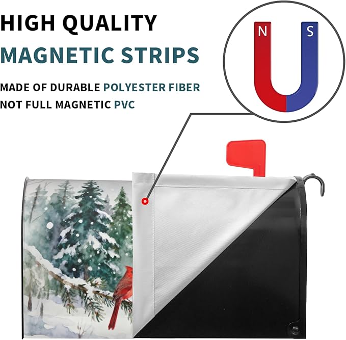 Winter Large Mailbox Covers Magnetic Oversized Green Red Cardinal Bird Christmas Tree Snow Scene Theme Outdoor Decorative Holiday Seasonal Letter Box Cases for Home Garden Outside Decor, 25.5x21 Inch