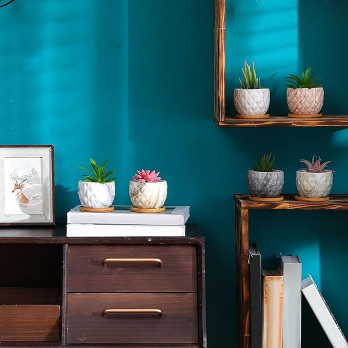 Marbling Ceramic Flower Pot 3.35 Inch Succulent Small Plant Cactus Herbs Planter Ceramic Pot with Drainage Hole Matte Round Container(6 Pcs,Elegance Style)