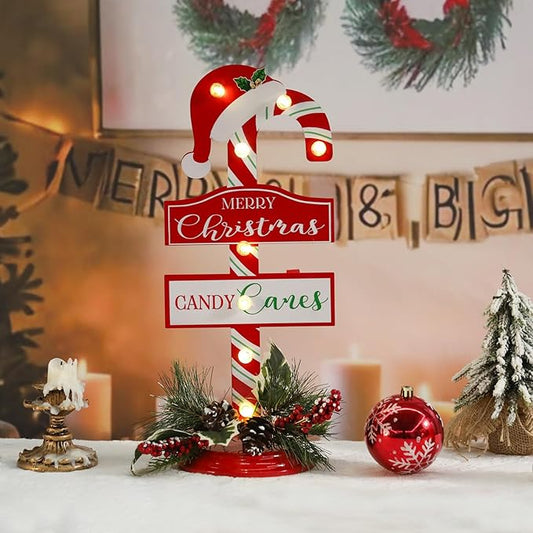 Vigdur Christmas Candy Cane Decoration - 16" Pre-Lit Metal Candy Cane Table Ornament with LED Lights & Timer, Battery Operated Light Up Christmas Sign for Indoor Mantel Shelf Holiday Home Décor