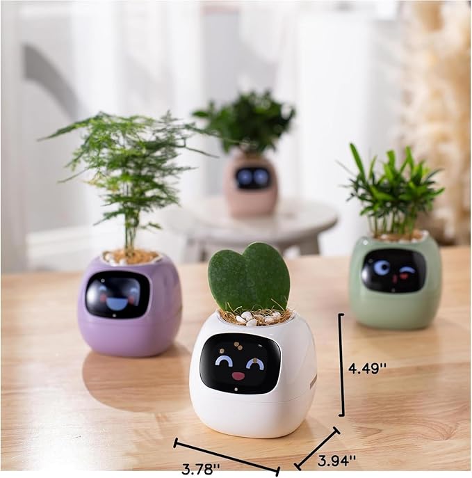 Ivy Intelligent Flower Pot for Home Decoration Plants Companion Neat Desk Setup Gift Smart Pet Planter Robot Guidance on Plant Care with Emojis Pet Friends (White)