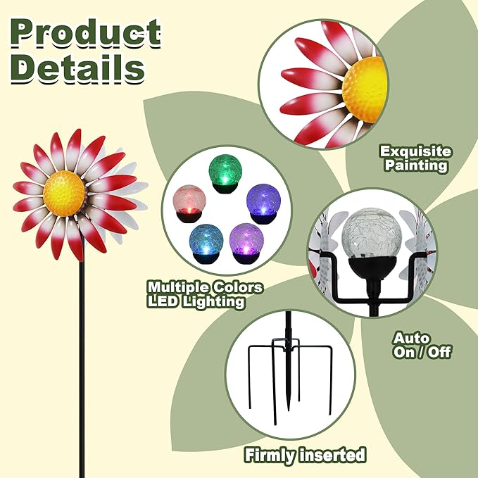 Decorative Metal Garden Daisy-Style Rotator, Decorative Garden Post, Daisy-Style Sculpture Courtyard. Outdoor Courtyard Art. (Red)
