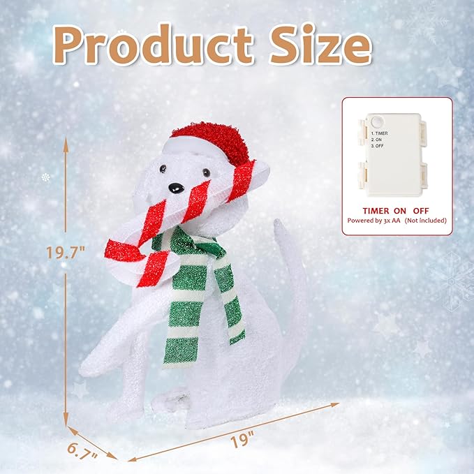 Christmas Lighted Dog Decoration 3D Glittered Fluffy Puppy with Candy Cane Battery Operated Lighted Up Ornament Outdoor Indoor Christmas Decoration for Home Lawn Yard Garden Display