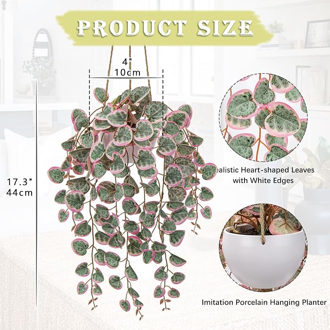 Briful Artificial Hanging Plants with Pot - 17'' Fake String of Heart Plants Faux Greenery for Home, Office, Room, Garden, Balcony, Patio, Front Door Decor
