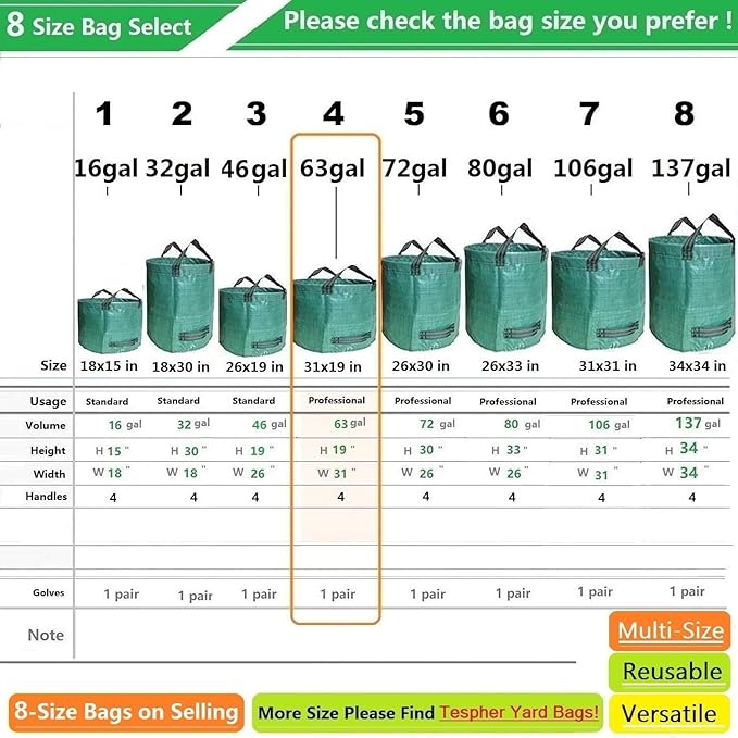 Professional 3-Pack 63 Gallon Lawn Garden Bags Large (D31,H19 inch) Yard Waste Bags w/Gardening Gloves, Standable Big Leaf Bag,Yard Debris,Lawn Trash Container,Grass Clippings Bags,Weeds Bag 4 Handles