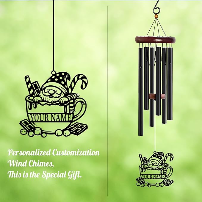 Personalized Customize Name Gnome Wind Chime, Metal Iron 37 Inch Outdoor Memorial Gift for Garden Yard Patio Home Decor, Black，Christmas (Style D)