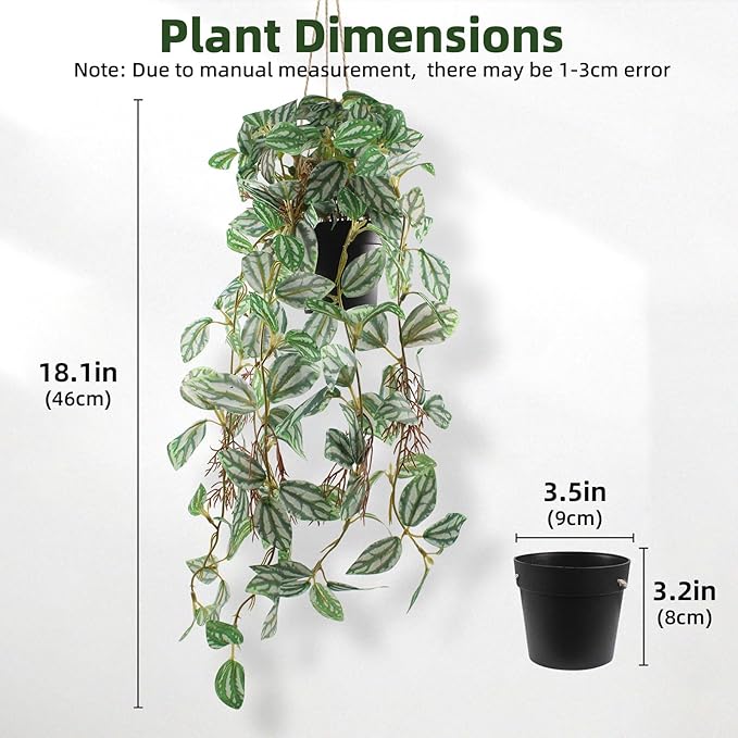 Artificial Hanging Ivy Plants Realistic 3D Watermelon Texture Fake Peperomia Leaves Faux Potting Vine Green Plants for Indoor Outdoor Home Garden Decor