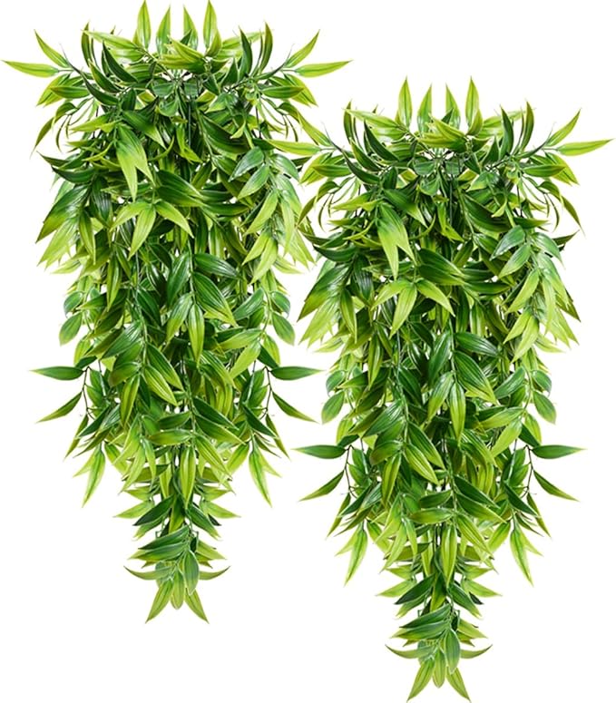 SzJias Artificial Hanging Plants Fake Bamboo Leaves Plants Fake Hanging Plants for Patio Porch Outdoor Plants Decor (2 Pcs)