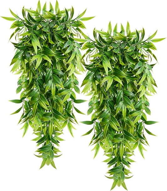 SzJias Artificial Hanging Plants Fake Bamboo Leaves Plants Fake Hanging Plants for Patio Porch Outdoor Plants Decor (2 Pcs)