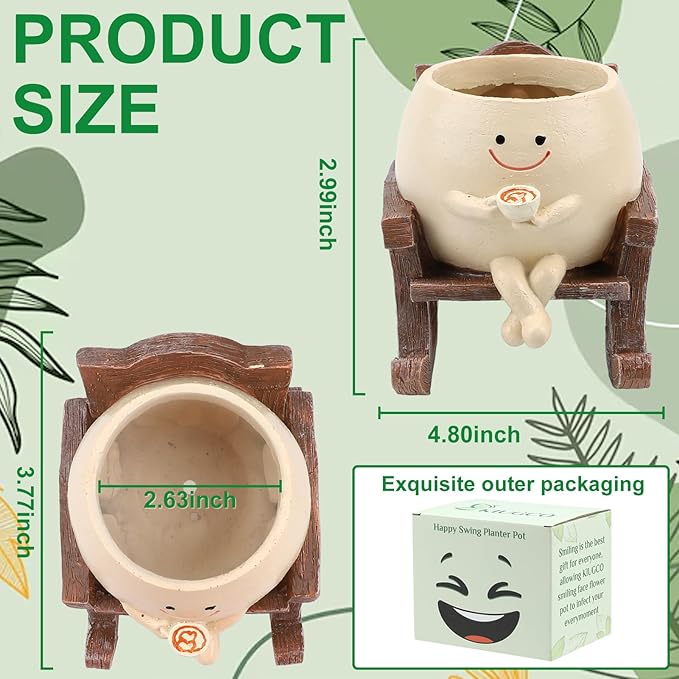 Smily Face Planter Pots for Indoor Plants, Cute Resin Flower Head Planters, Rocking Chair Succulent Flower Pots with Drainage Hole, Gift IdeaI for Birthday