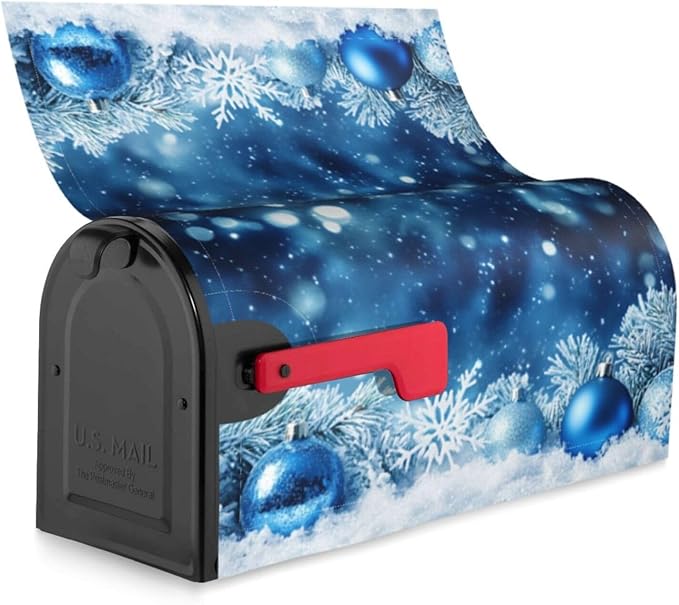 Festive Magnetic Mailbox Cover Blue Ball Snowflake Outdoor Mailbox Protector Holiday Seasonal Decorative Garden Yard Home Large Size 25.5 x 21 Inch