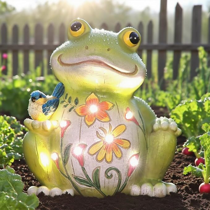 Outdoor Frog Sculptures,Solar Resin Garden Outdoor Statues,Christmas Decorations Frog Gifts Sculptures Decorations for Home Patio,Yard,Lawn, Porch, Ornament