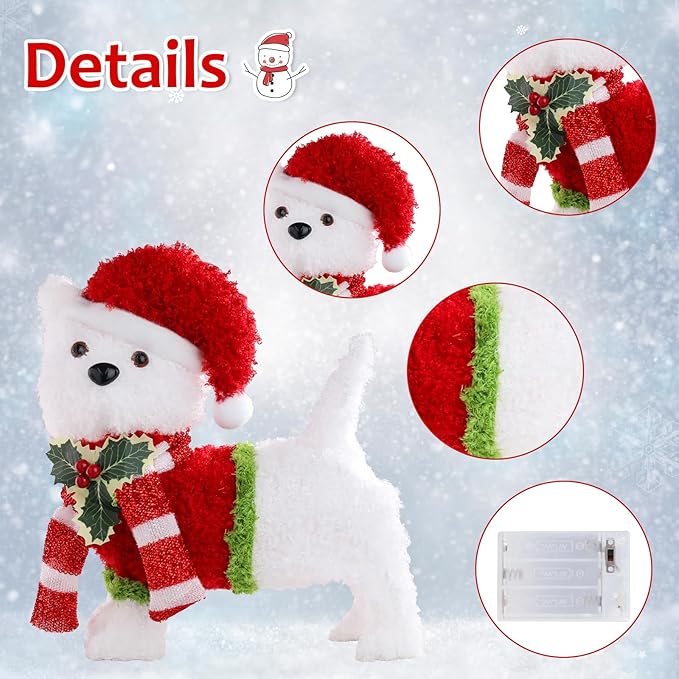 Christmas Lighted Dog Decoration Pre-lit 3D Glittered Fluffy Puppy Battery Operated Lighted Up Standing Ornament Outdoor Indoor Christmas Decoration for Home Lawn Yard Garden Display