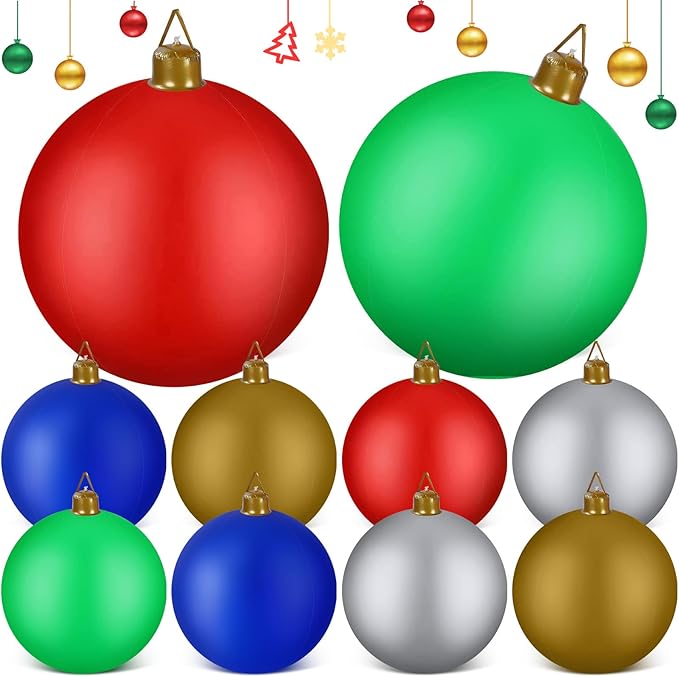 Jetec 10 Pcs 47 Inch Giant PVC Inflatable Christmas Ball Inflatable Ornaments Balls Large Xmas Balls Outdoor Christmas Decorations for Holiday Yard Lawn Porch Blow Up Decor, Multicolor(Handle)