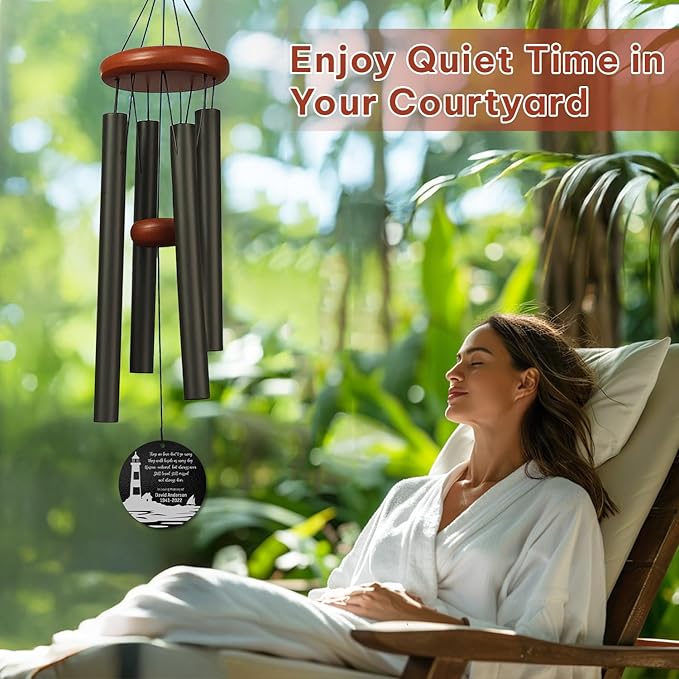 Personalized Lighthouse Memorial Wind Chime – “Those We Love Don’t Go Away” Golden Engraved Quote – Custom Name & Years Sympathy Gift – Memorial Windchimes for Loss of Loved One – Ocean Tribute Décor