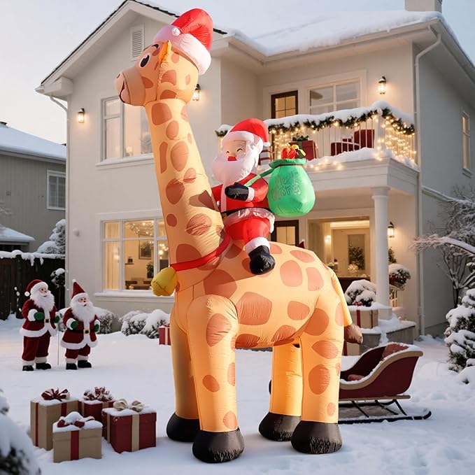 10FT Christmas Inflatables Santa Claus Rides Giraffe, Christmas Blow Ups Outdoor Decoration, Built-in LEDs for Holiday Party Front Garden Lawn Yard Patio Outdoor