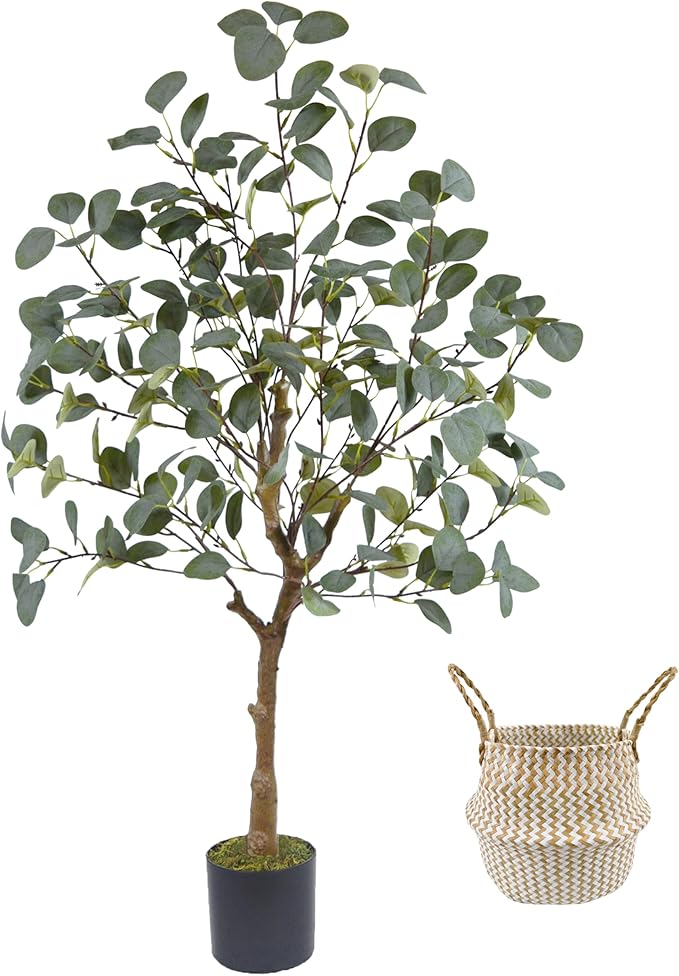 Artificial Eucalyptus Tree, 4ft Tall Green Silk Leaves Perfect Faux Plant with Basket, Mordern Fake Eucalyptus Trees for Indoor Outdoor Home Office Livingroom Floor Décor