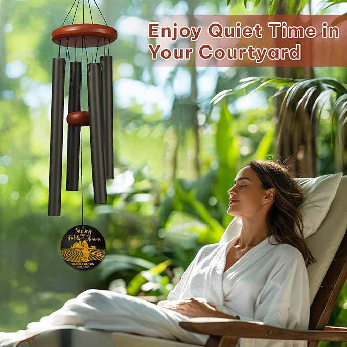 Personalized Farmer Memorial Wind Chime – “Farming The Fields of Heaven” Custom Name & Years – White Engraved Outdoor Sympathy Gift for Loss of Loved One – Rustic Farm Tribute Windchime