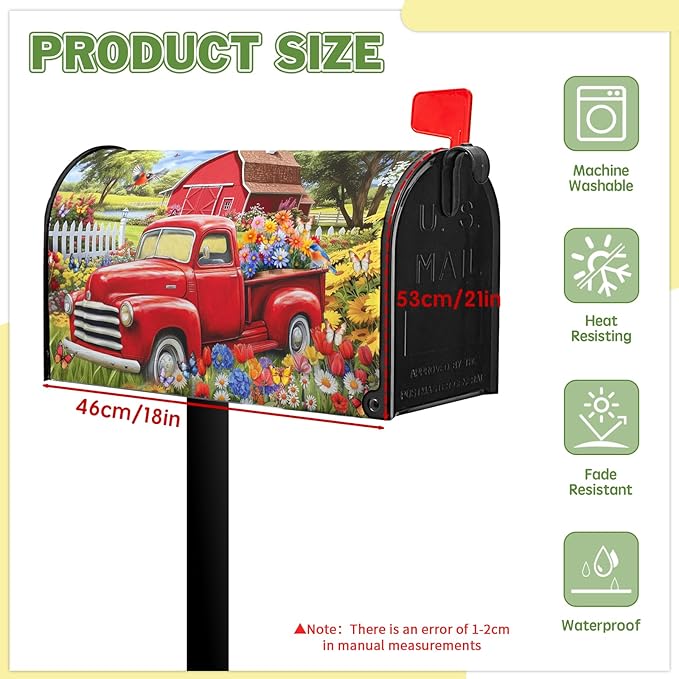 Red Truck Mailbox Cover Summer Mailbox Covers Magnetic Colorful Floral Mail Box Cover Standard Size 21x18 inch Decorations for Outside Garden Farmhouse Spring Butterfly