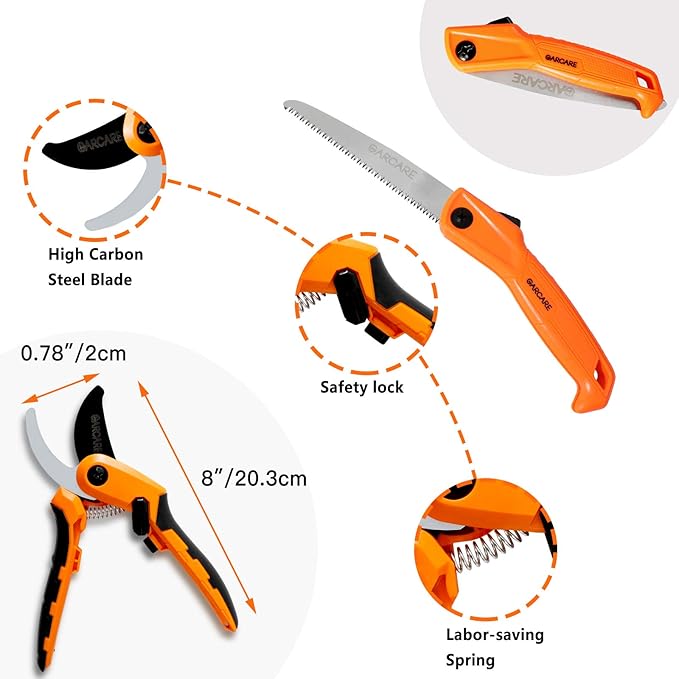 GARCARE Hedge Clippers Pruning Shears 4 in 1 Set High Carbon Steel Folding Saw, Branch Cutter, Tree Pruner, Garden Scissors, Tree & Shrub Care Kit