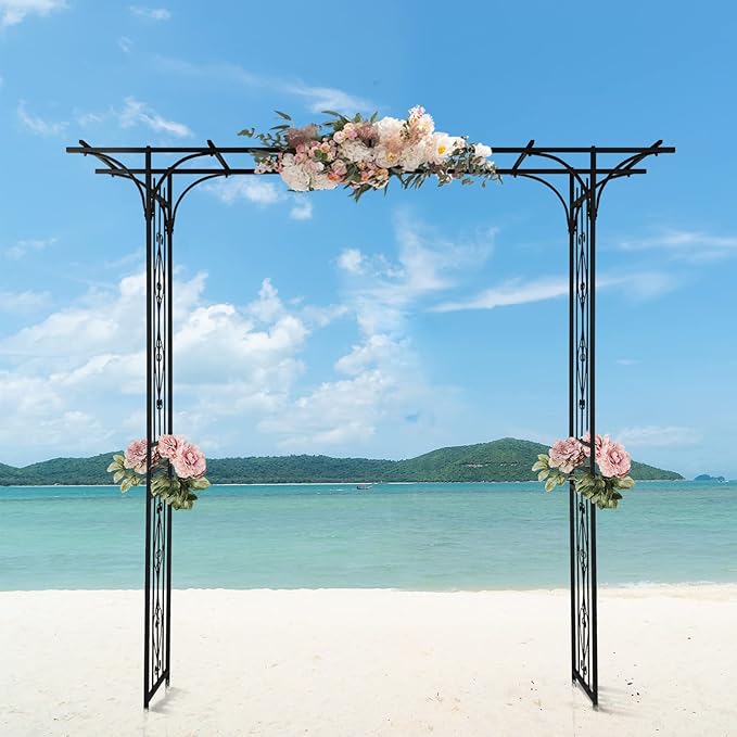 Metal Garden Arbor Trellis with Side Garden Trellis, 7FT Heavy Duty Arch Archway for Wedding, Backyard & Vine Plants - Rust-Resistant Powder-Coated Steel, Easy Assembly