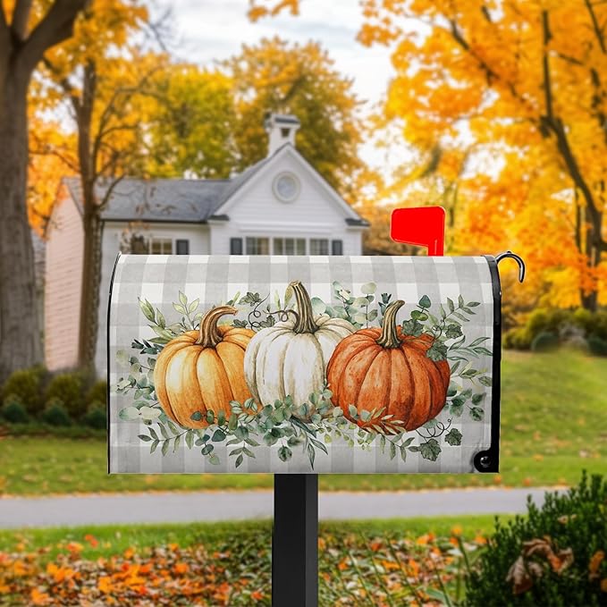 Pumpkin Mailbox Cover Harvest Fall Mailbox Covers Magnetic Standard Size 21x18 inch Green Eucalyptus Leaf Mail Box Covers Pumpkins Decorative Mailboxes for Outside Garden Buffalo Plaid