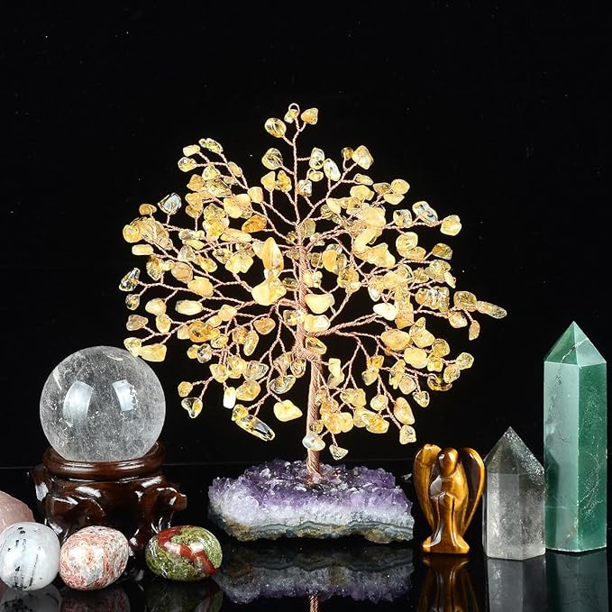 Natural Citrine Crystal Tree with Amethyst Geode Base,Healing Crystals Feng Shui Bonsai Money Tree,Chakra Balancing Positive Energy Home Decor 5.5"-6.3"