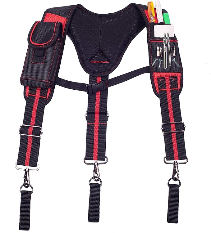 AISENIN Tool Belt Suspenders Construction Work Suspenders with Magnet Pocket, Large Moveable Phone Holder, Pencil Holder