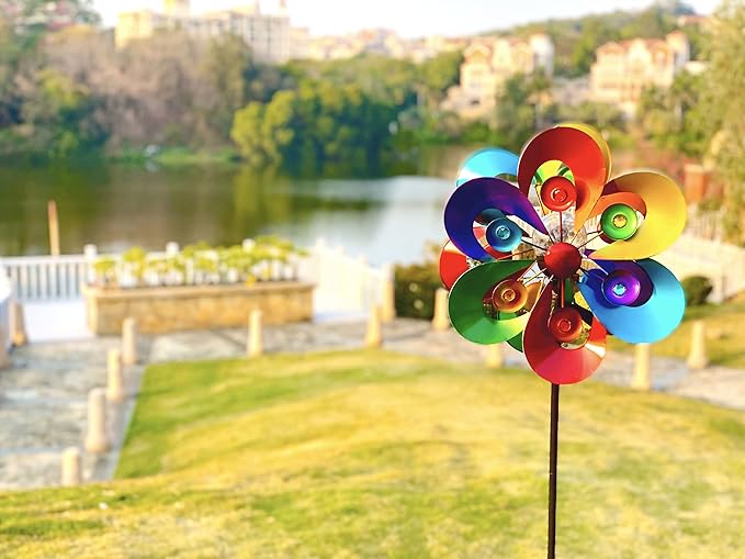 Solar Wind Spinner,Garden Wind Catcher Wind Mills, Solar Powered RGB Color Changing LED with Glass Ball, 60Inch Outdoor Metal Patio Aculptures Dual Direction Decorative Lawn Ornament Wind Mill