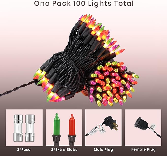 Fall Decorations String Lights– 100 Count Mini Purple Orange & Green Incandescent, 26.5ft Black Wire, UL Listed, Connectable up to 125ft, Christmas Lights for Indoor & Outdoor Home Decor