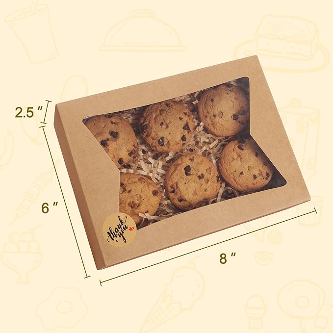 Eupako Cookie-Boxes-with-Window-8x6x2.5-Inhces-25pcs-Auto-Popup-Brown-Treat-Boxes for Bakery, Donuts, Candy, Pastry, Cupcakes, Biscuits, Chocolate Strawberries
