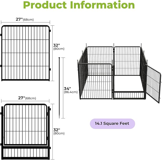 SunsGrove Garden Fence with Gate, 32 in(H) x 17.8 ft(L) 8 Panels Heavy Duty Metal Animal Barrier Fence for Yard, Suitable for Indoor or Outdoor Dog Pet Fence, Garden Fence Border, Black
