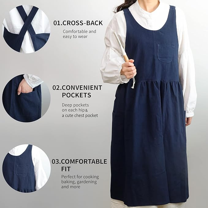HANEE Cross Back Aprons for Women with Pockets | Japanese Style Cotton Apron | Cute Pinafore Smock for Kitchen etc (6 Colors)