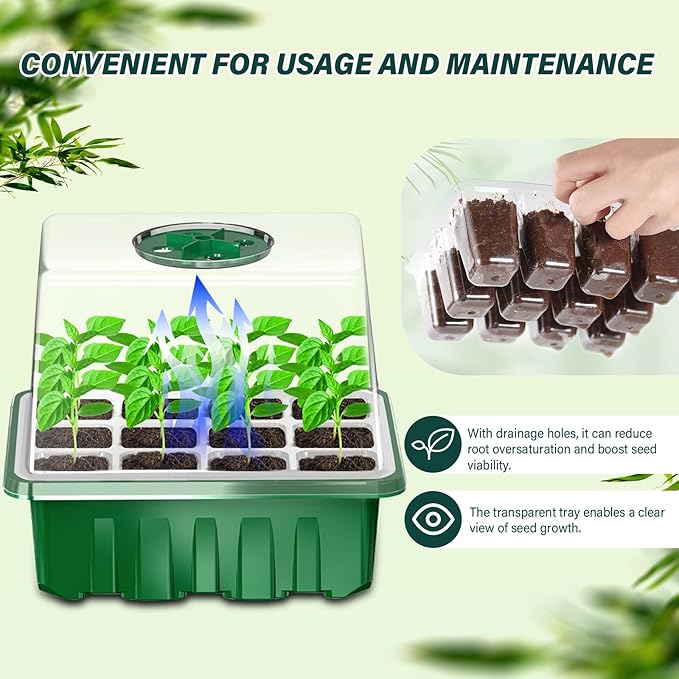 Seed Starter Tray with Grow Light, 5 Pack/60 Cells Seed Starter Kit, Seedling Starter Trays with Dome, Heightened Lids for Greenhouse Seeding Planting Growing (Green).