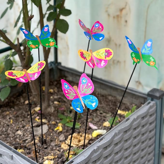 6 Pcs Butterfly Outdoor Metal Flowers for Outside - Decorative Garden Stakes with Sunflower Design, Spring Yard Art Decor for Lawn Porch Patio Fence | Metal Garden Decor Stakes