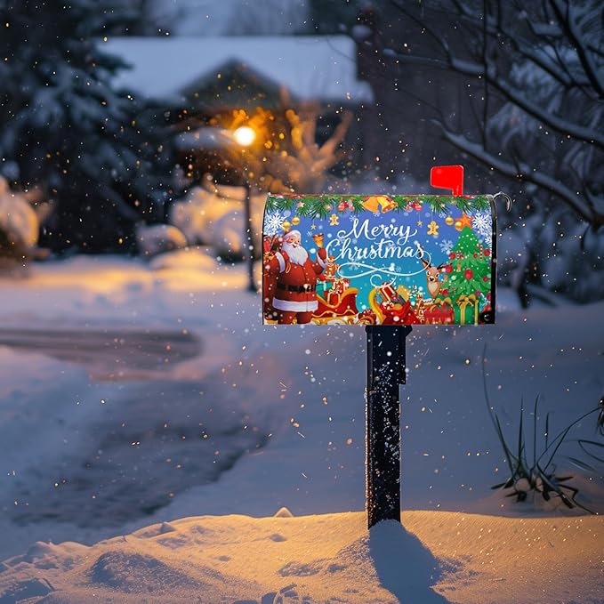 Christmas Mailbox Covers Magnetic Large Size Santa Mailbox Post Cover Winter Snowflake Extra Deer Holiday Letter Box Wraps Oversized Decor Waterproof 25.5X21 Inch