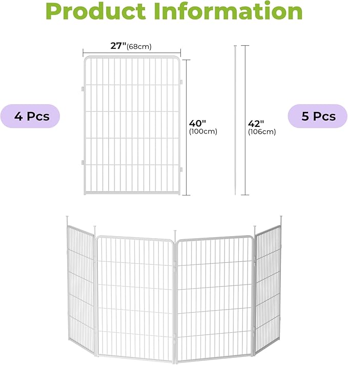 SunsGrove Garden Fence 40 in(H) x 8.9 ft(L) 4 Panels, Heavy Duty Metal Animal Barrier Fence for Dogs, Easy No-Dig Setup, Decorative Dog Fences, White