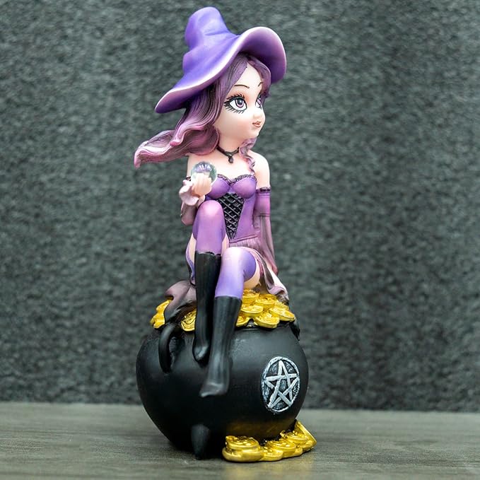 Fairy Figurine Purple Witch Sitting in a Money Can - Holding a Magic Crystal Ball Home Decor Halloween/Christmas Decoration Magician Themed Collectibles Mysterious Divination Gifts