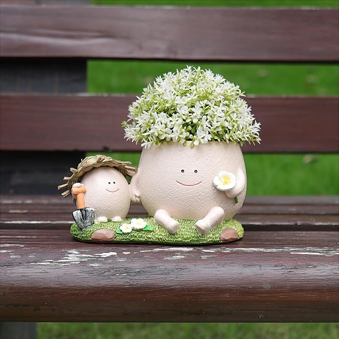 Smily Face Planter Pot with Cute Straw Hat Resin Head Planters with Drainage Hole for String of Pearls Plant Live Unique Succulent Pots for Indoor Outdoor Plants Gift IdeaI for Mother