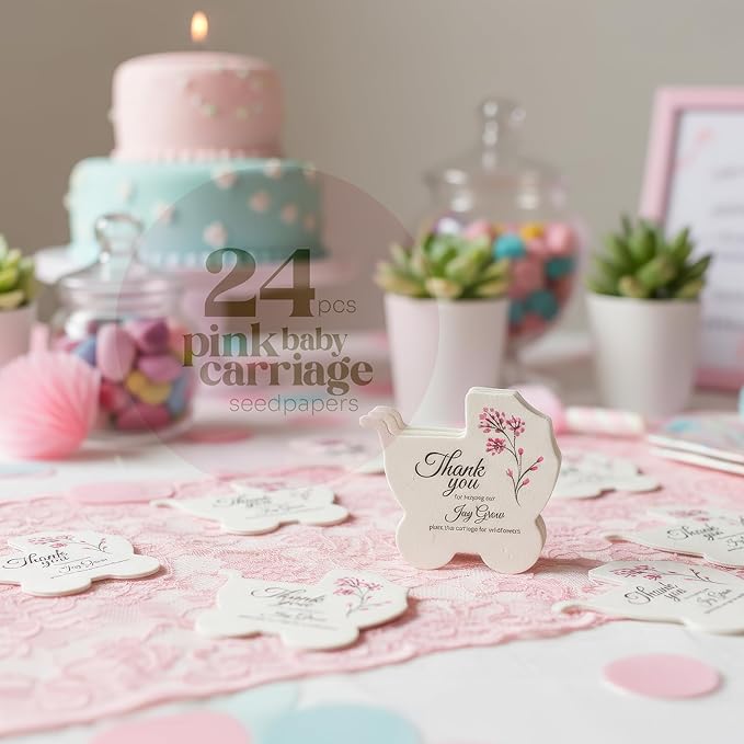Baby Carriage Seed Paper – 24 pcs Pink Baby Shower Favors for Guests with Wildflower Seeds, Writable & Plantable, Gender Reveal, Birthday Gifts for Guest