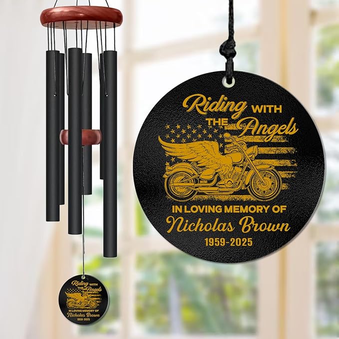 Personalized Motorcycle Memorial Wind Chime – “Riding with The Angels” Gold Cruiser with Wings and USA Flag – Custom Name & Years, Biker Remembrance Gift, Sympathy Decor for Loss of Loved One