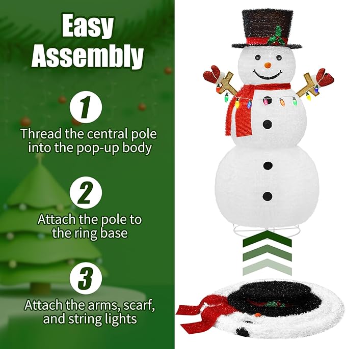 5ft Lighted Pop-Up Snowman, Large Outdoor Christmas Snowman Decoration with 200 LED Lights, Hat, Scarf, Multicolored Lights, for Christmas Yard and Outdoor Display (Batteries Not Included)