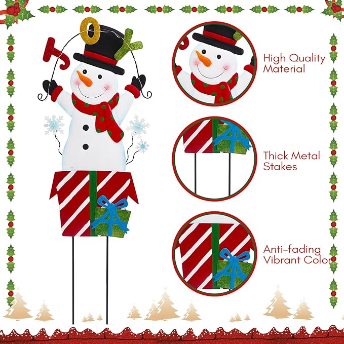 Christmas Outdoor Yard Signs Decorations, LED Solar Metal Garden Stake Lights with Joy for Patio Lawn Christmas Decor (Snowman)