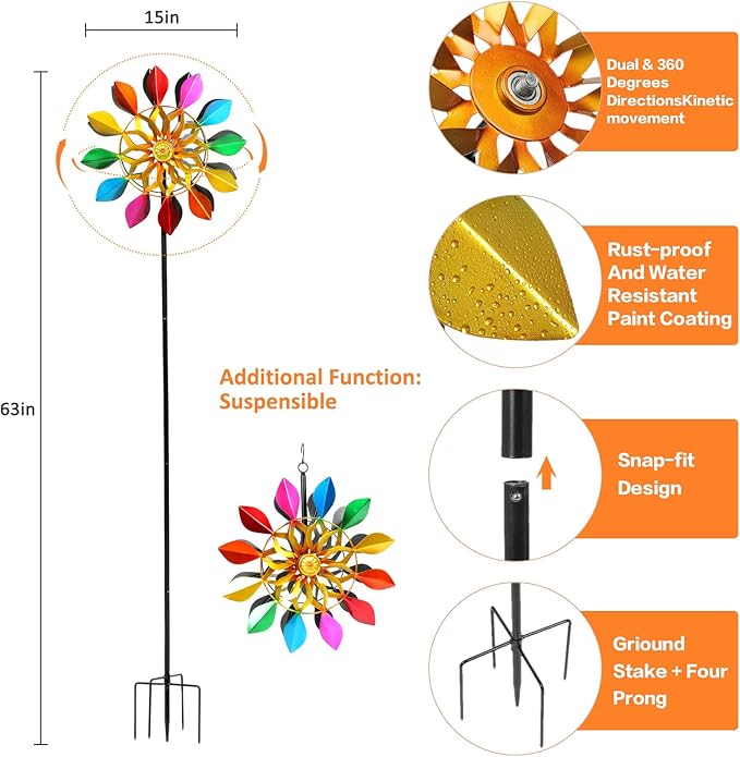 63 Inch Kinetic Wind Spinners with Garden Stake, Rainbow Metal Windmill Decorations, 360 Swivel Outdoor Wind Sculpture, Dual Direction Colorful Wind Catcher for Yard Art, Lawn, Garden Decor, Gifts